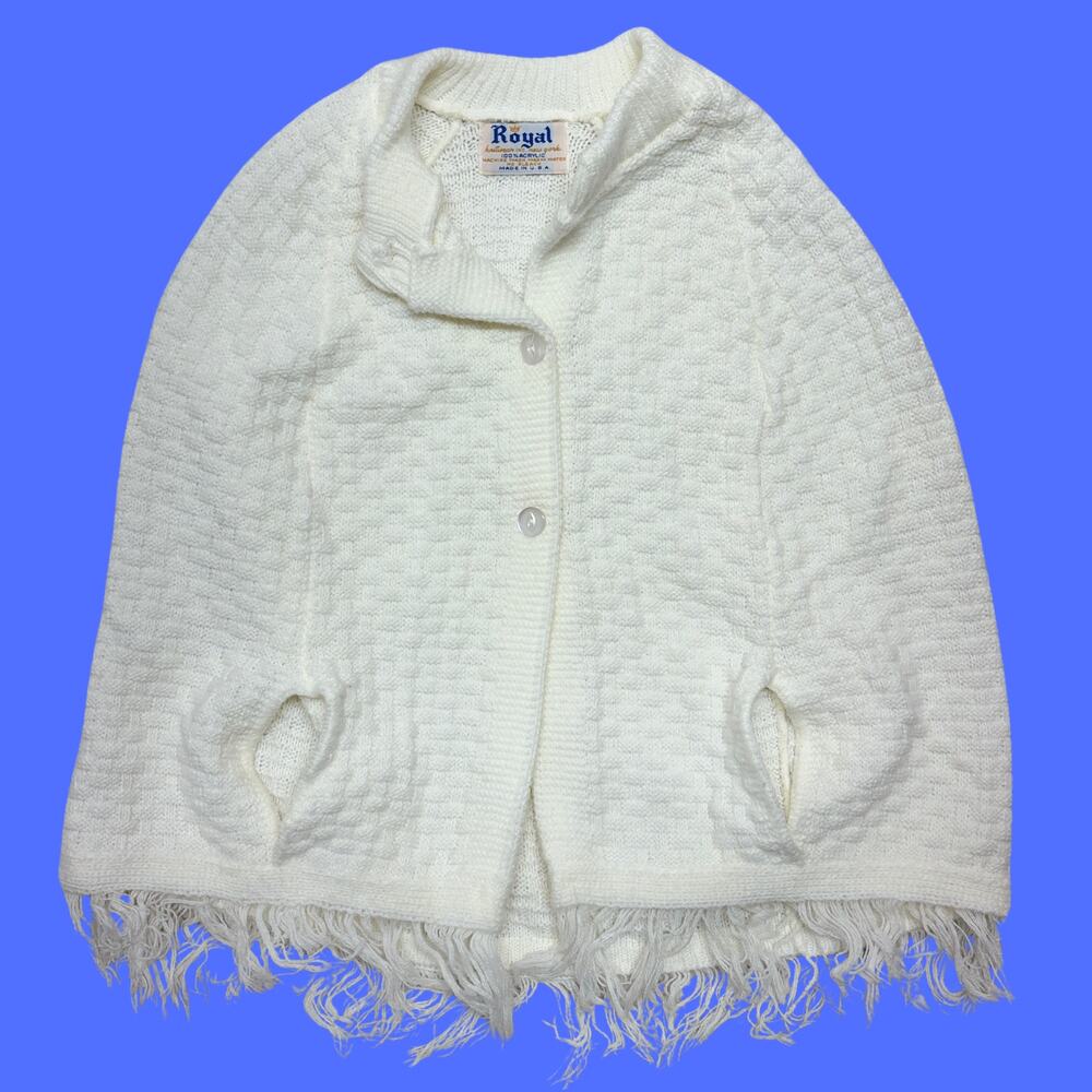 Vintage Royal Cape Poncho Kids White Textured Knit Button Front Fringe Hem USA